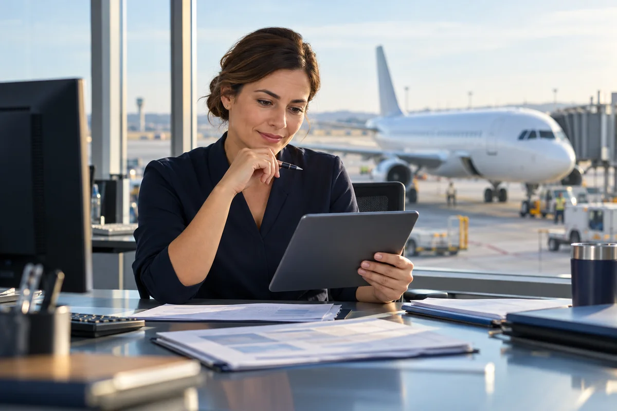 Profesional de operaciones aéreas revisando registros en una tableta, con un avión sin marcas detrás.